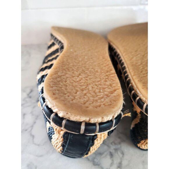 Black Natural Raffia Espadrilles Loeffler Randall Flat Woven Leather Trim Size 6 - Picture 10 of 10